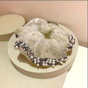 Pearl And Rhinestone Hair Scrunchie - White